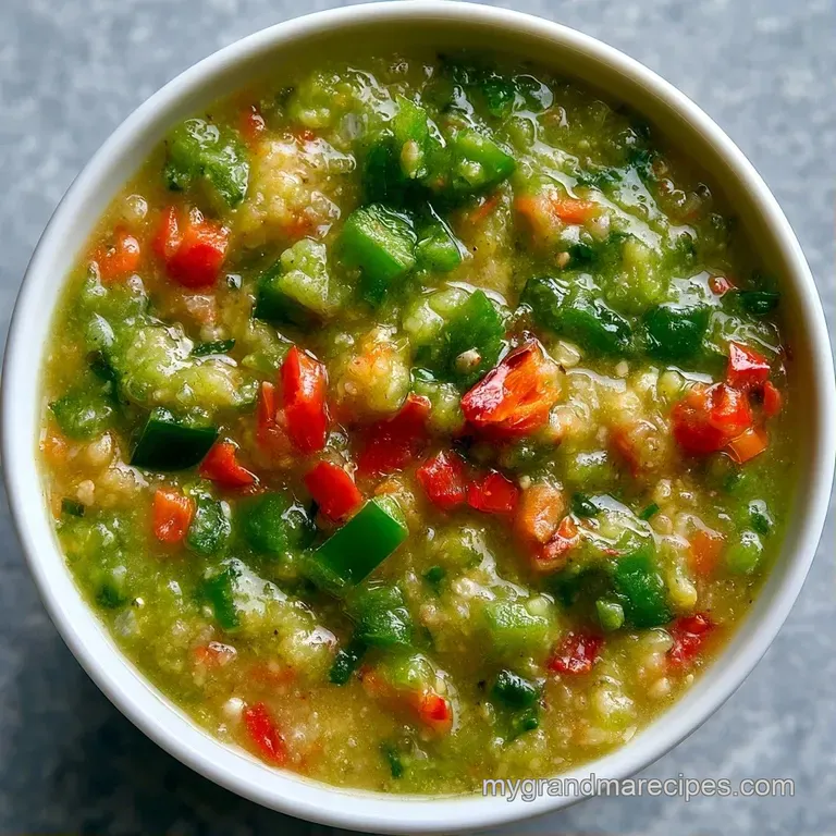 A white ceramic bowl filled with velvety green chile sauce, garnished with fresh cilantro and a bright lime wedge.