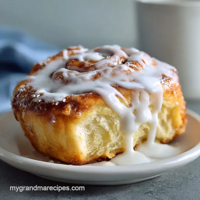 Elegant cinnamon roll plated with a dusting of powdered sugar, and a creamy glaze drizzled down the side, ready to eat.
