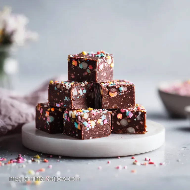 A dark chocolate fudge square drizzled with white chocolate, resting on a white plate.