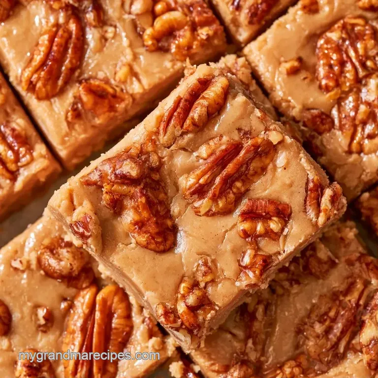 Glossy brown fudge squares stacked on a marble slab, garnished with a sprinkle of sea salt and whole pecan nuts.