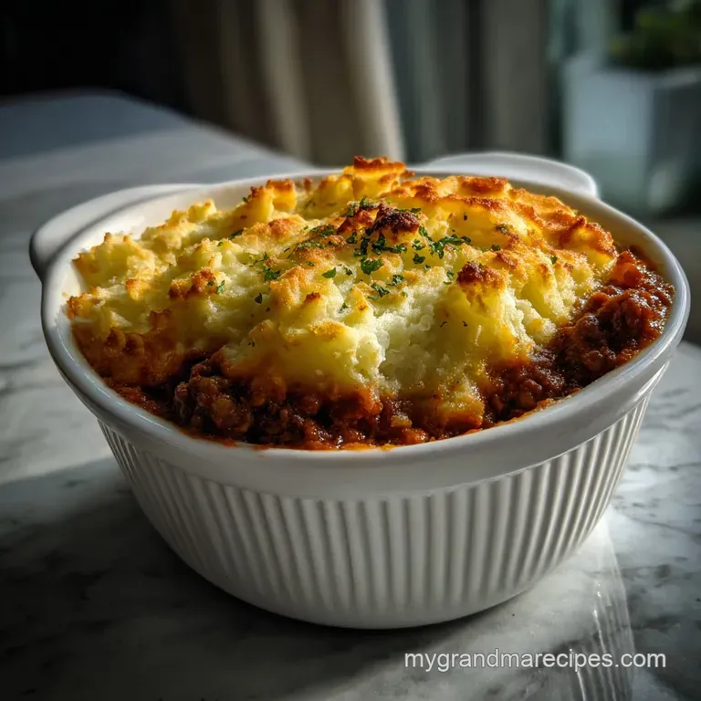 Individual shepherd's pies in rustic ceramic ramekins. A dark, caramelized crust atop the flavorful beef and vegetable base.