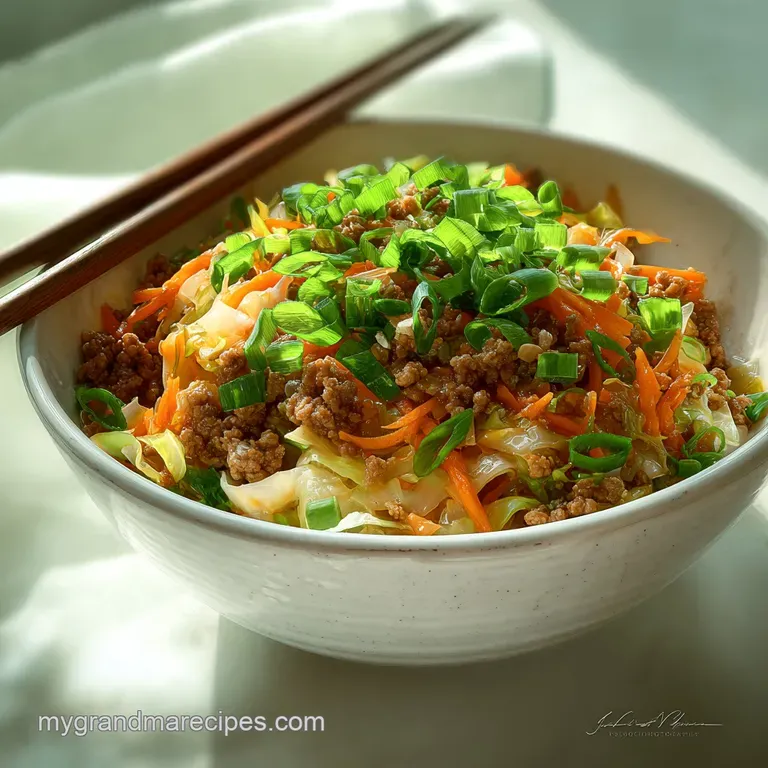 Steaming bowl of savory pork & cabbage mix, garnished with sesame seeds & scallions, hinting at its fresh, flavorful taste.