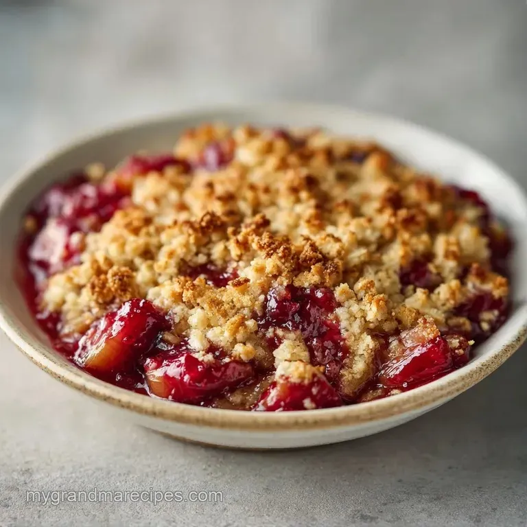 A slice of tart red fruit crumble on a white plate with a dollop of melting vanilla cream and a mint leaf.