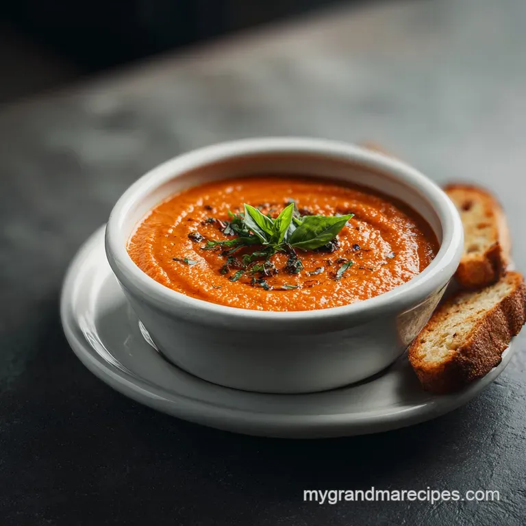 A delicate swirl of cream graces a vibrant tomato soup, garnished with fresh basil and a drizzle of olive oil.
