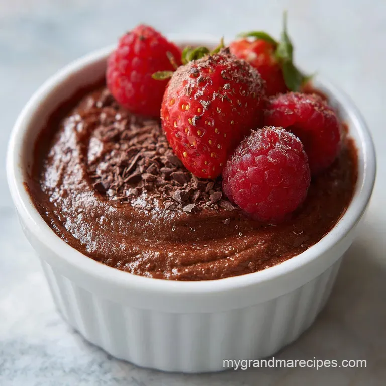 Velvety chocolate mousse elegantly served in a stemmed glass, adorned with a single raspberry.