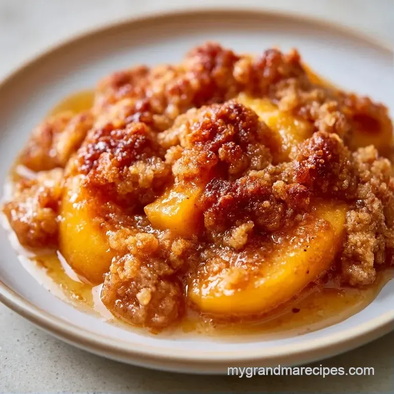 A warm scoop of fruit crumble topped with a melting dollop of vanilla ice cream on a white ceramic plate.