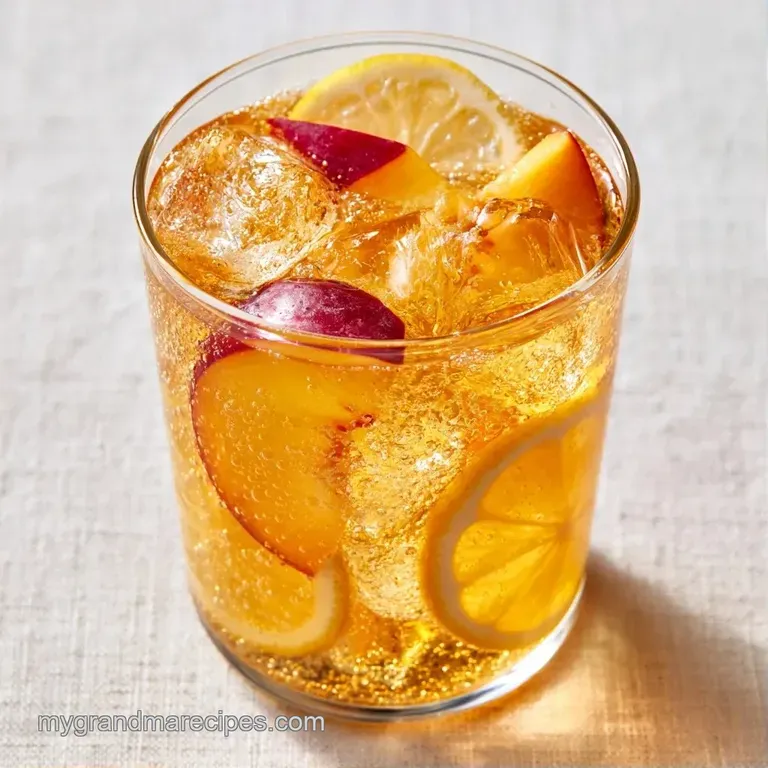 Frosty glass of pale orange drink with lemon wheels and peach slices resting on a sunlit wooden surface.