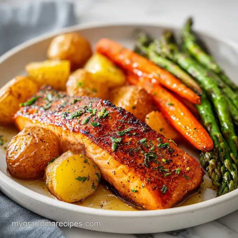 A neatly plated salmon fillet atop a medley of bright green asparagus and orange carrots on a white ceramic plate.