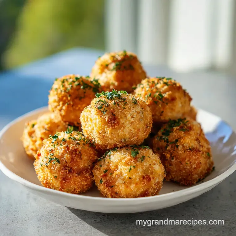 Three garlic parmesan meatballs drizzled in rich sauce, arranged artfully on creamy mashed potatoes, garnished with herbs.