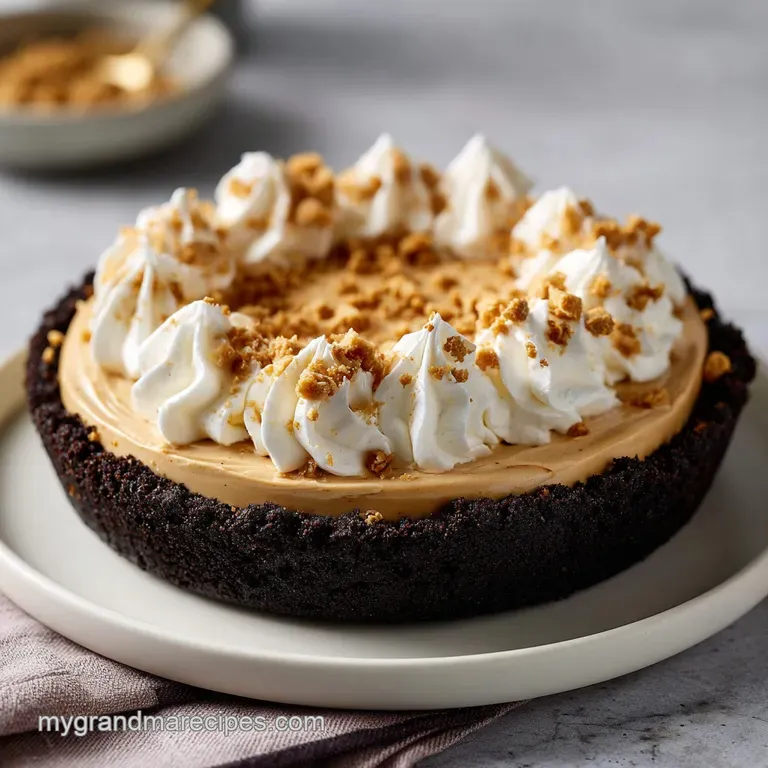 A slice of creamy tan filling and dark chocolate crust on a white plate, finished with a glossy chocolate drizzle