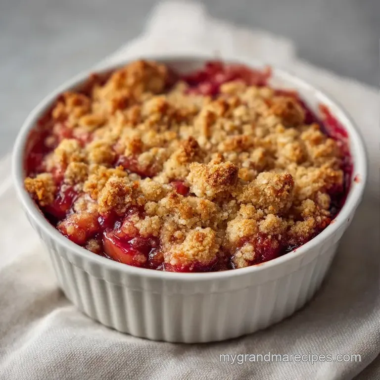 A scoop of warm, bubbly red fruit topped with a toasted oat crumble and a dollop of melting vanilla ice cream.