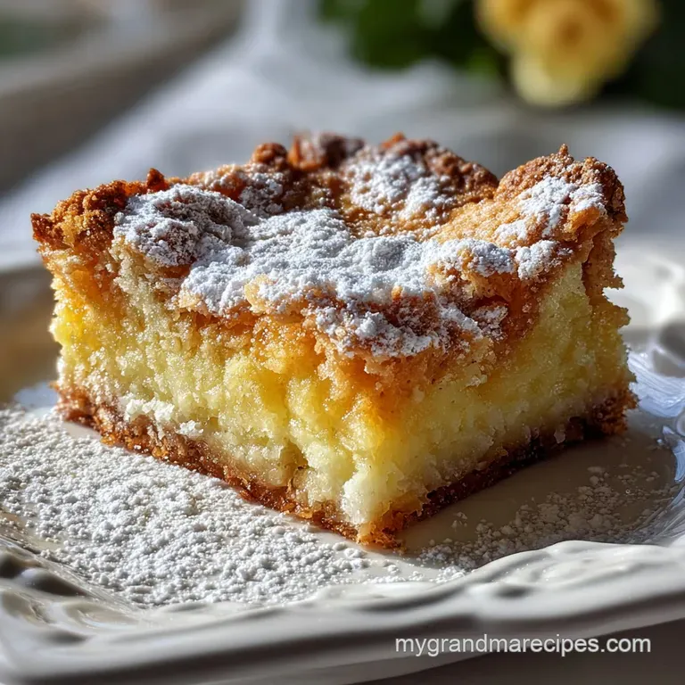 Slice of warm gooey butter cake on a white plate, powdered sugar melting slightly, next to a dollop of whipped cream.