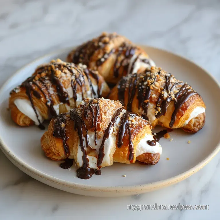 Warm s'mores crescent rolls artfully arranged on a rustic wooden board, adorned with melted chocolate drizzle.