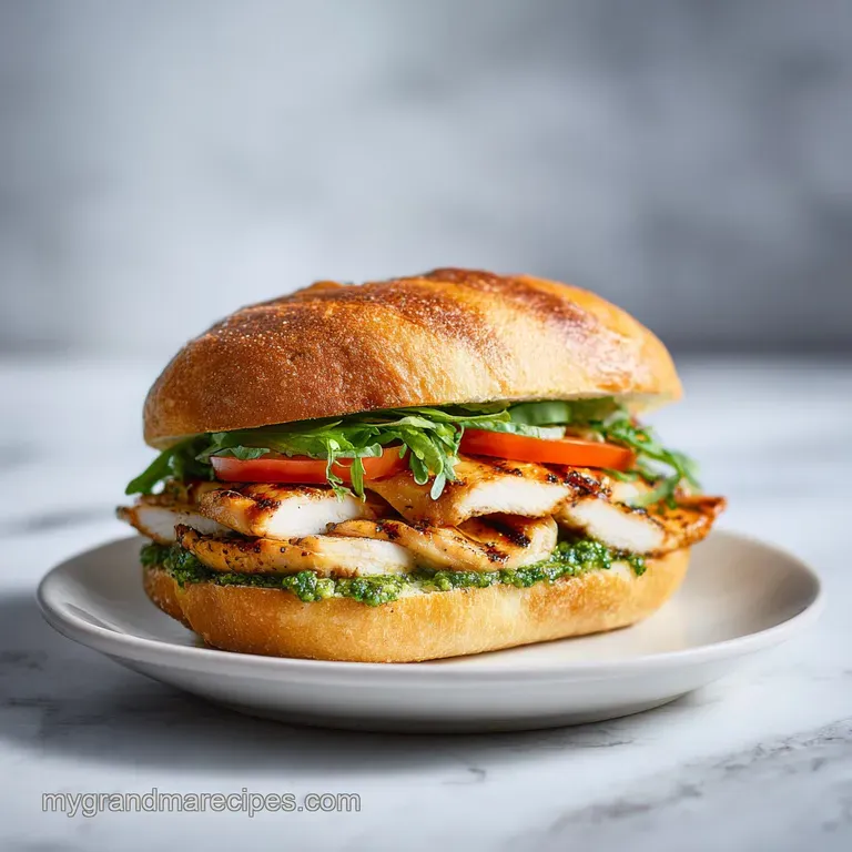 A beautifully composed sandwich, artfully stacked with grilled chicken, pesto, and crisp lettuce, ready to be enjoyed.