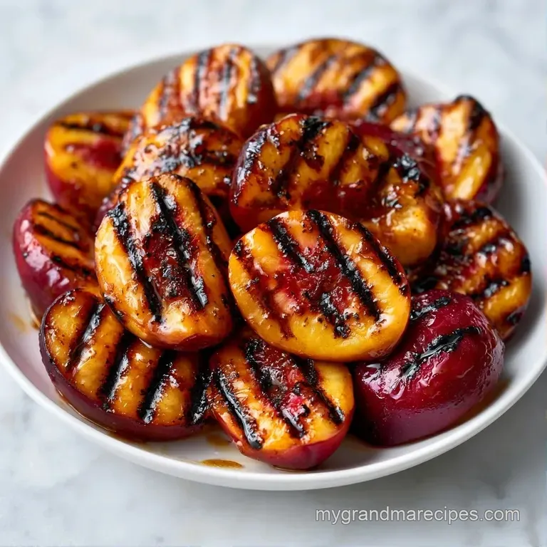 Caramelized fruit halves arranged on a white ceramic plate with a dollop of creamy mascarpone and honey drizzle.