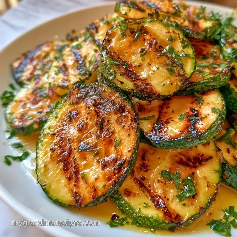 Slices of charred green squash arranged in a neat fan on a ceramic platter, garnished with bright green herbs.