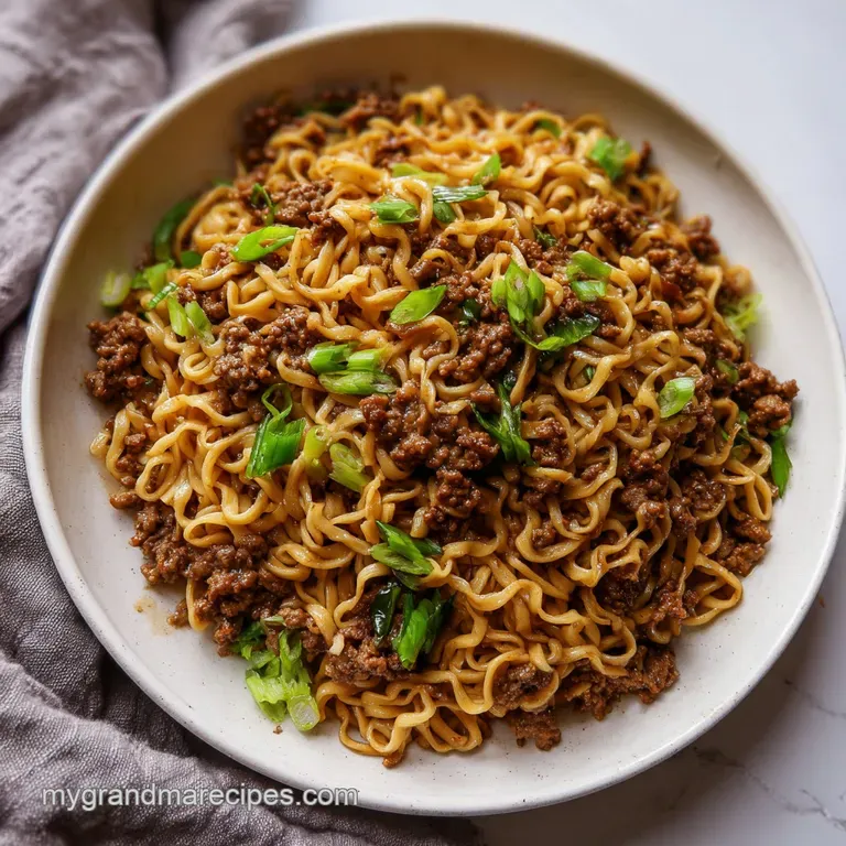 Pile of glistening brown noodles & beef, sprinkled with sliced scallions, artfully arranged in a white bowl.