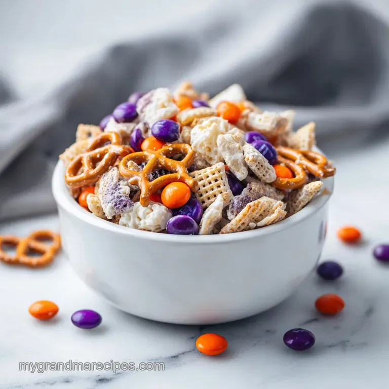 A white ceramic bowl overflowing with salty snacks and bright orange candies set against a dark, rustic wood background.