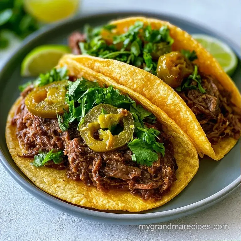 Three soft tortillas filled with tender meat and green chiles, plated on a slate board with lime wedges.