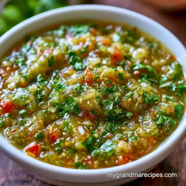 Vibrant green salsa in a shallow white bowl, topped with cilantro leaves and red tomato pieces beside lime wedges.