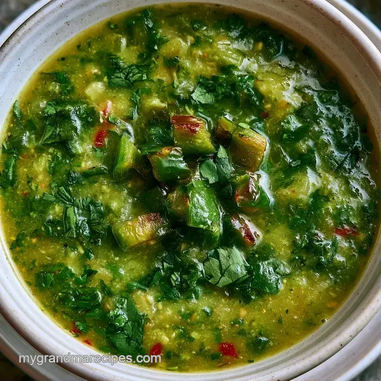 A rustic ceramic bowl of savory green stew served with warm, toasted sourdough bread on a linen tablecloth.