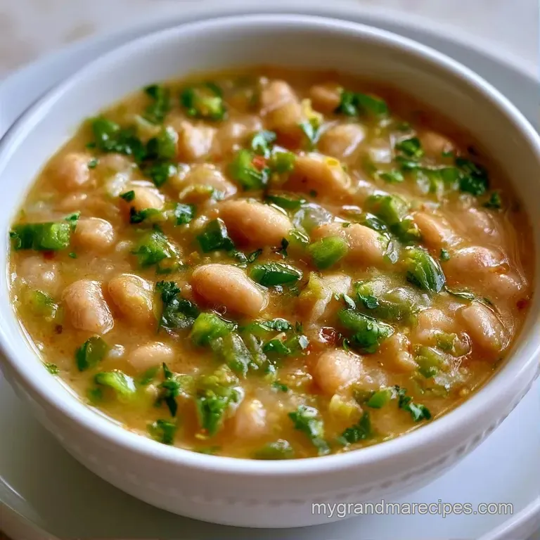 A rustic ceramic bowl filled with chunky green stew, topped with melted Monterey Jack and fresh cilantro leaves.