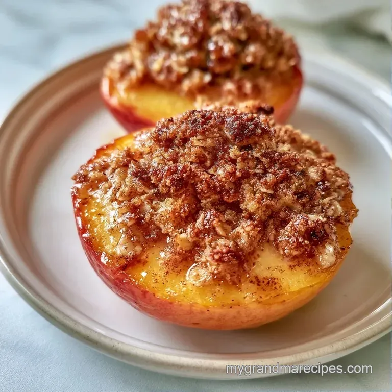 Two halved roasted peaches on a slate plate, drizzled with clear honey and topped with a fresh mint leaf.
