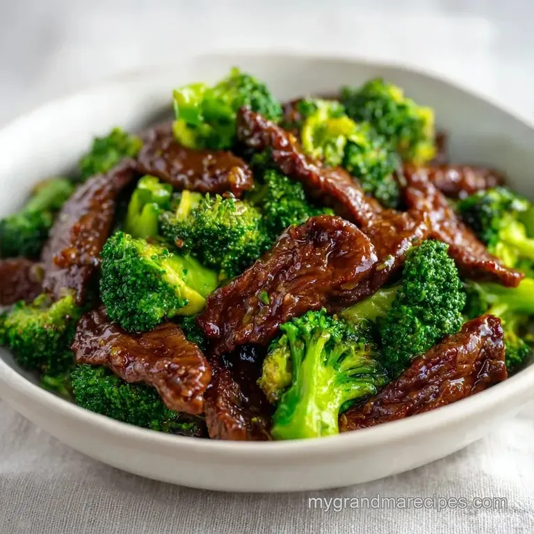 Glossy beef and green broccoli florets served in a white ceramic bowl over a bed of fluffy white steamed rice.
