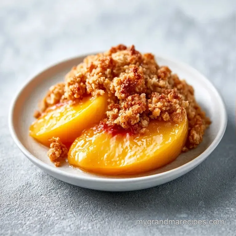 Sliced juicy peaches arranged in a circle over a creamy base, topped with a sprinkle of crisp toasted oats and mint.
