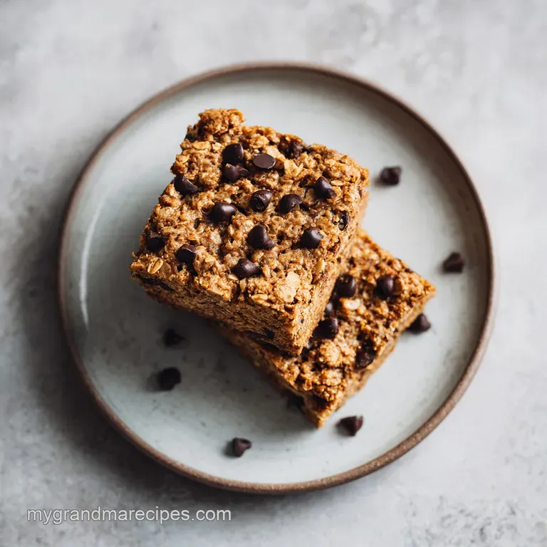 A neatly sliced oatmeal bar showcasing a dense texture, topped with a sprinkle of chocolate.