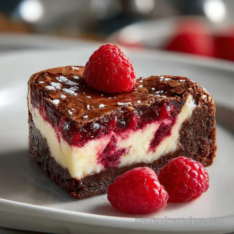 Elegant heart-shaped brownie dessert plated with fresh raspberries, dusted powdered sugar, and a sprig of mint against a d...