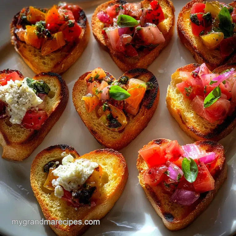 Elegant arrangement of heart bruschetta on a white plate, showcasing toasted bread, bright red tomatoes, and verdant basil...