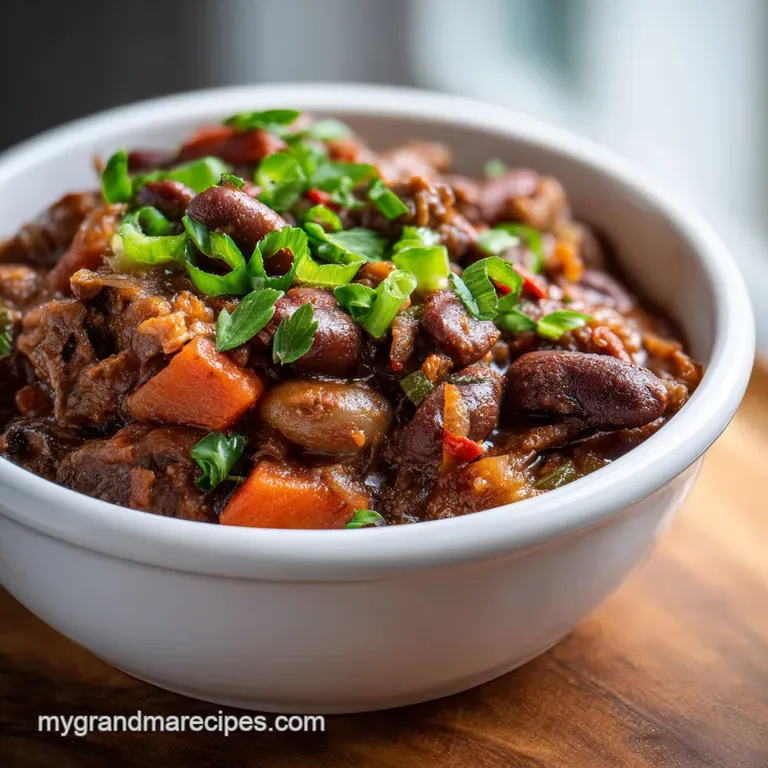 Cowboy stew served elegantly in a white bowl, garnished with fresh parsley. Steaming, rich, and inviting on a wooden table.