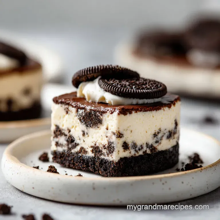 Elegant slice of layered Oreo dessert on a white plate, accented with a chocolate drizzle and a single, artful Oreo.