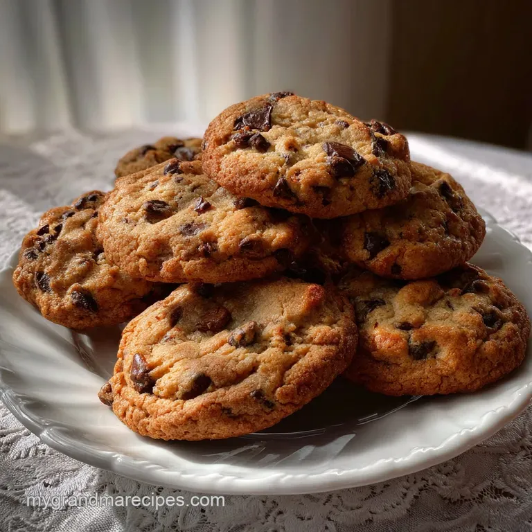 Warm chocolate chip cookies artfully arranged on a white ceramic plate. The cookies boast a perfect balance of crisp edges...