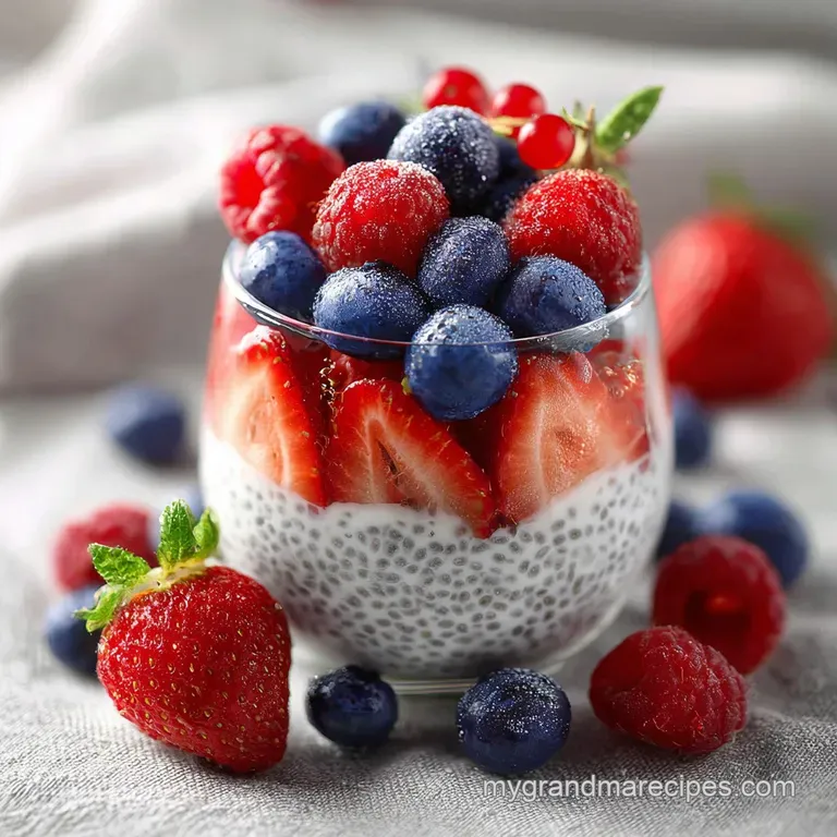 Elegant parfait of layered chia pudding, ruby red berries, and snow-white yogurt in a stemmed glass. Glistening with fresh...