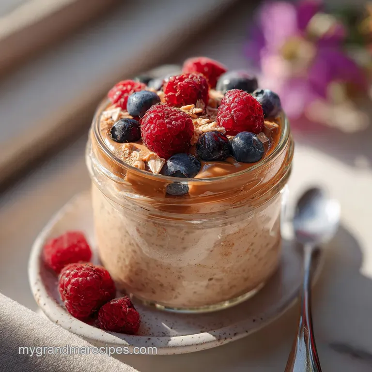 Layered overnight oats in a parfait glass: creamy base, rich peanut butter swirl, topped with glistening berries and crunc...