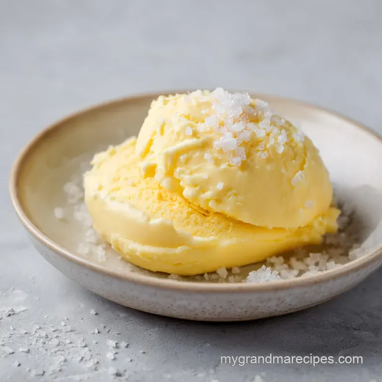A smooth curl of chilled yellow butter resting on a marble slab next to a crusty, golden slice of warm sourdough.