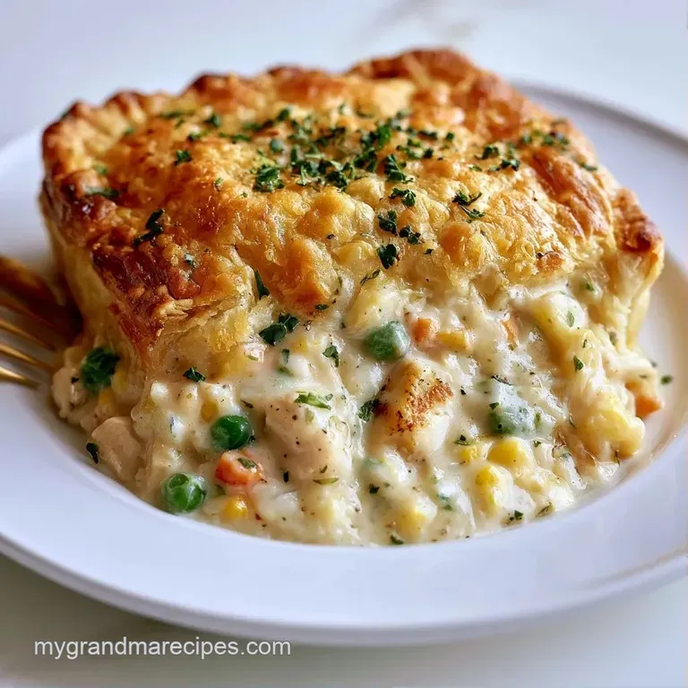 A slice of creamy chicken and vegetable pie on a white ceramic plate garnished with a sprig of fresh parsley.