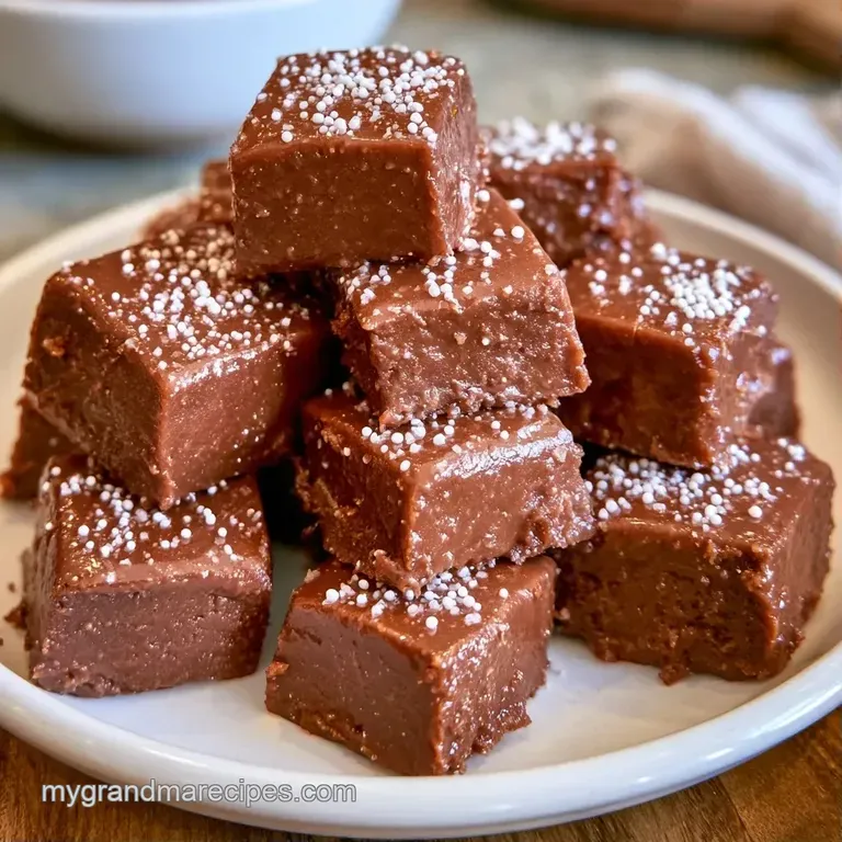 Small dark brown squares topped with tiny white dots, artfully arranged on a polished marble slab with a gold fork.
