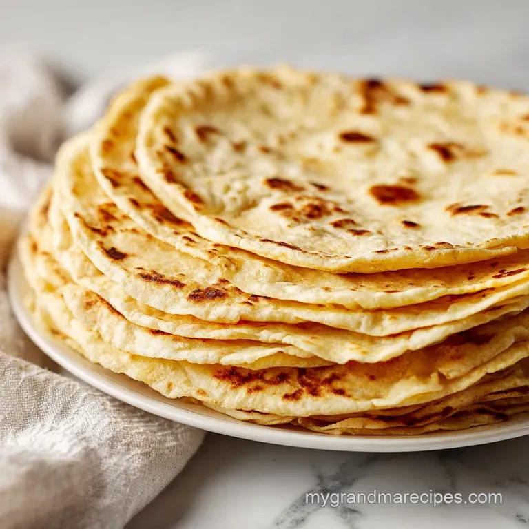Warm, pliable flour tortillas neatly folded, showcasing their delicate golden hue and subtle, tender sheen.