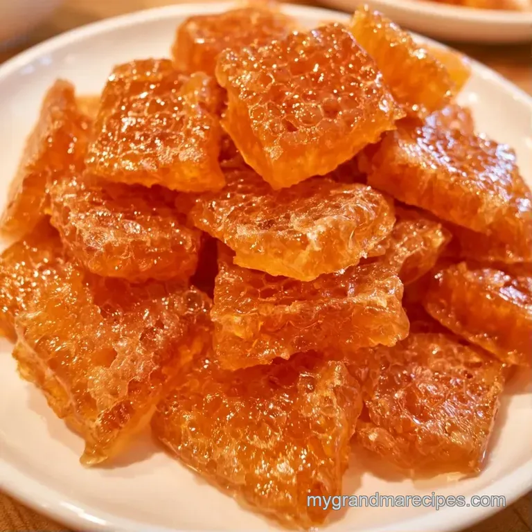 Jagged golden sweets stacked on parchment paper, drizzled with thick, glistening amber syrup and a pinch of salt.