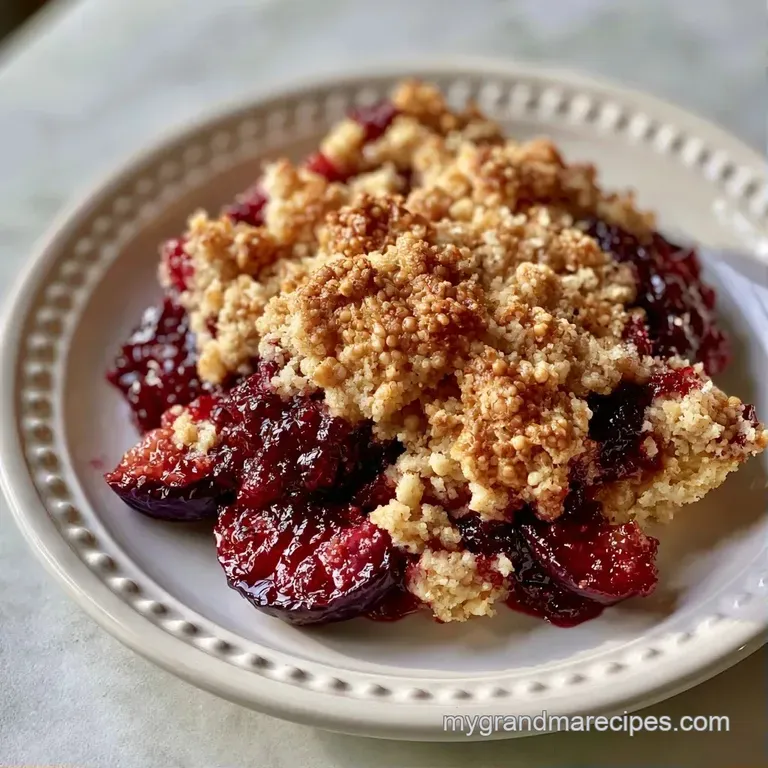 A slice of warm fruit dessert with a crunchy gold crust, served with a scoop of melting vanilla ice cream