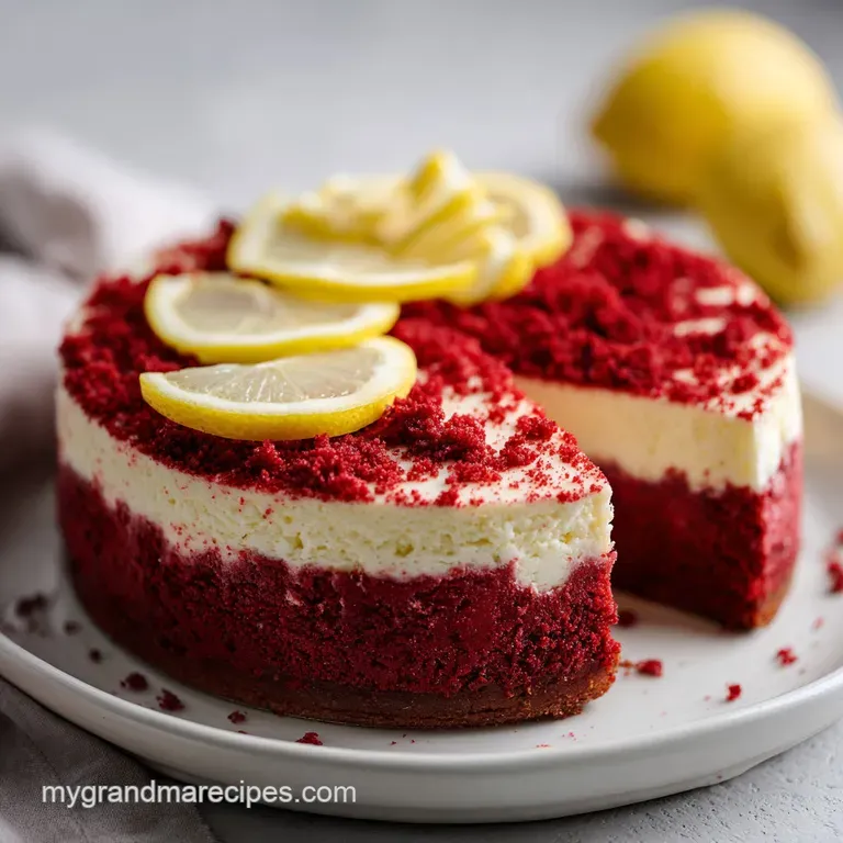Elegant slice of deep red velvet cheesecake adorned with a dollop of cream and chocolate shavings.