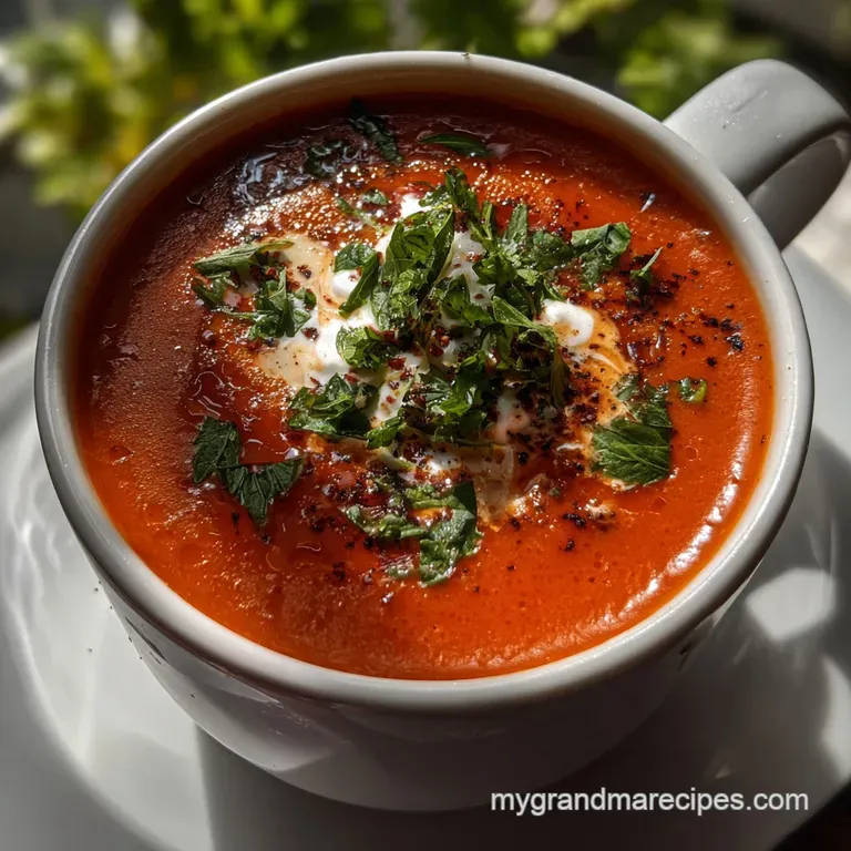 Creamy tomato soup presented in a shallow white bowl, with a swirl of cream and fresh basil. A simple yet elegant plating.