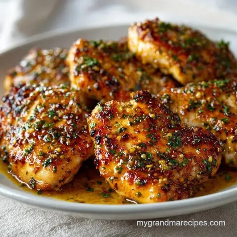 Golden-brown chicken breasts drizzled in a thick amber sauce, plated with bright greens and a sprig of fresh parsley.