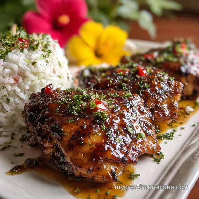 A vibrant, glazed Huli Huli chicken thigh rests on a bed of fluffy white rice, garnished with scallions and a lemon wedge.