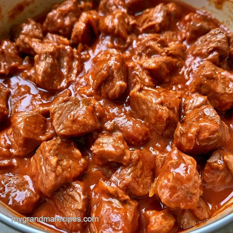 A bowl of rich beef stew topped with a dollop of white sour cream and fresh parsley on a neutral linen cloth.