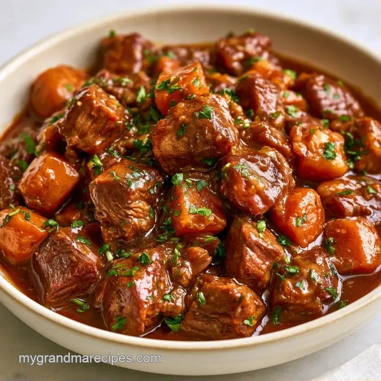 Rustic ceramic bowl of thick red stew topped with a swirl of white sour cream and a sprig of fresh green parsley.