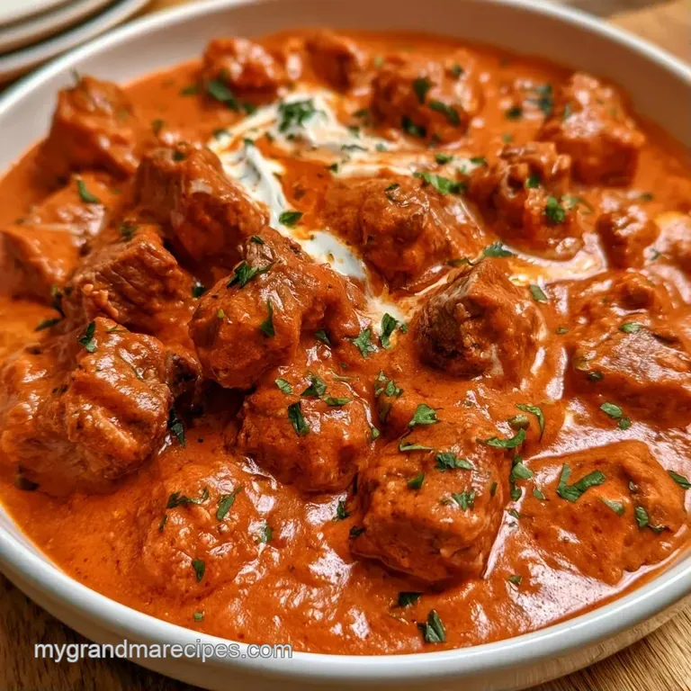 A deep ceramic bowl of rich red stew topped with a white cream swirl, set beside a slice of crusty toasted sourdough.